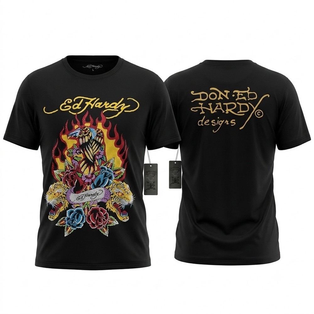 Ed Hardy Womens L Black Rhinestone Skull Flames Y2K Tee Audigier NWT P2P 21"